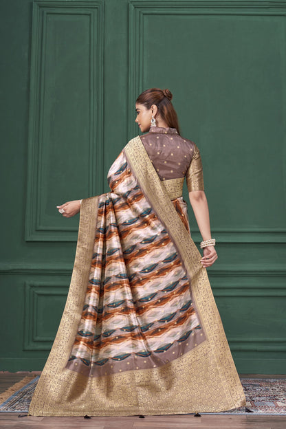 Lilac Purple Tussar Silk Jacquard Saree: Abstract Digital Print, Mohira Collection Unstitched Blouse
