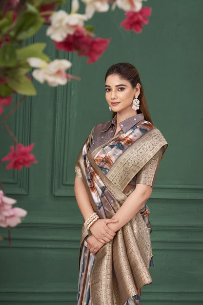 Lilac Purple Tussar Silk Jacquard Saree: Abstract Digital Print, Mohira Collection Unstitched Blouse