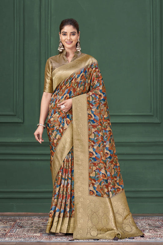 Chiku Tussar Silk Jacquard Saree: Abstract Digital Print, Mohira Collection Unstitched Blouse