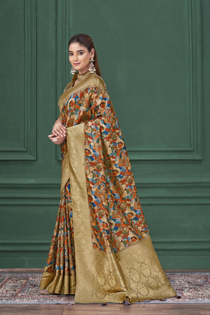 Chiku Tussar Silk Jacquard Saree: Abstract Digital Print, Mohira Collection Unstitched Blouse