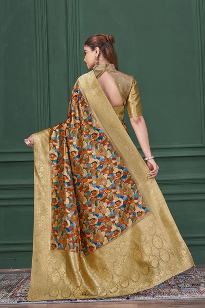 Chiku Tussar Silk Jacquard Saree: Abstract Digital Print, Mohira Collection Unstitched Blouse
