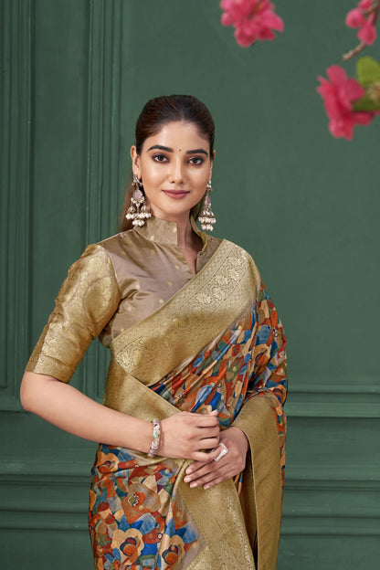 Chiku Tussar Silk Jacquard Saree: Abstract Digital Print, Mohira Collection Unstitched Blouse