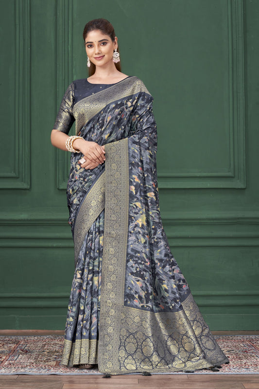Blue Tussar Silk Jacquard Saree: Abstract Digital Print, Mohira Collection Unstitched Blouse