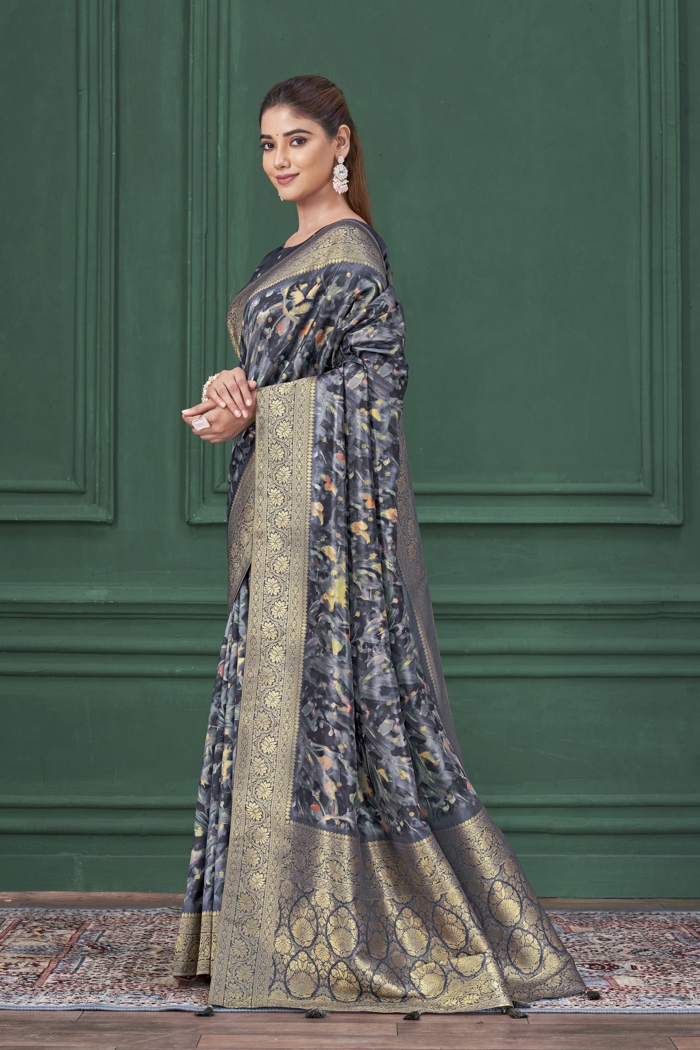 Blue Tussar Silk Jacquard Saree: Abstract Digital Print, Mohira Collection Unstitched Blouse