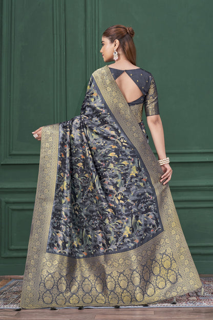 Blue Tussar Silk Jacquard Saree: Abstract Digital Print, Mohira Collection Unstitched Blouse