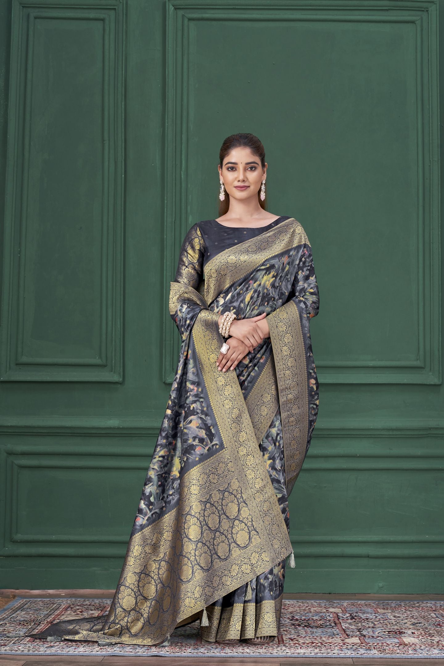 Blue Tussar Silk Jacquard Saree: Abstract Digital Print, Mohira Collection Unstitched Blouse