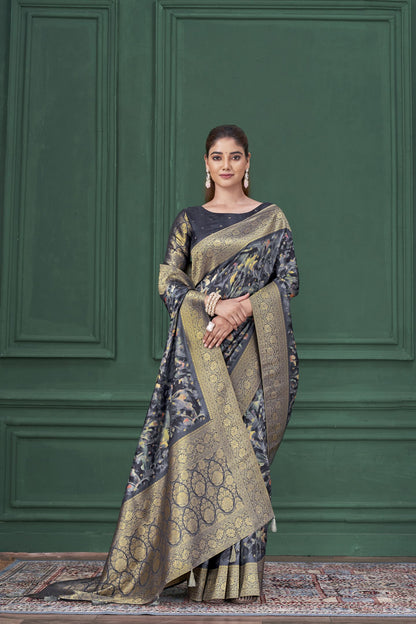 Blue Tussar Silk Jacquard Saree: Abstract Digital Print, Mohira Collection Unstitched Blouse