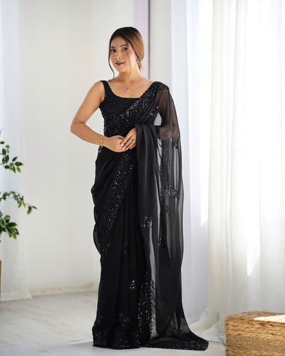 Elegant Georgette Party Wear Black Saree with Thread & Sequence Work