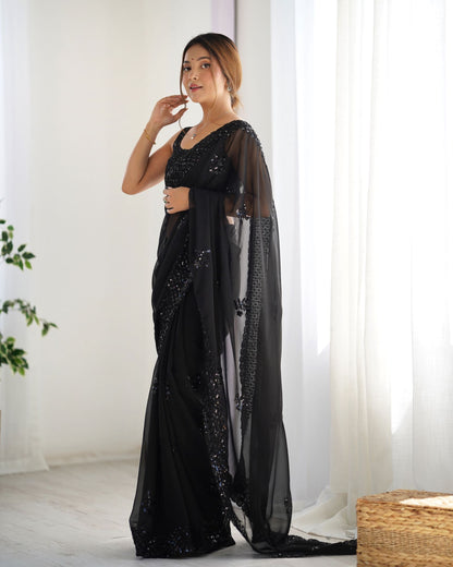 Elegant Georgette Party Wear Black Saree with Thread & Sequence Work