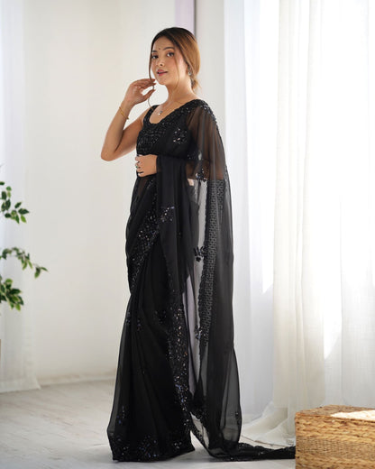 Elegant Georgette Party Wear Black Saree with Thread & Sequence Work