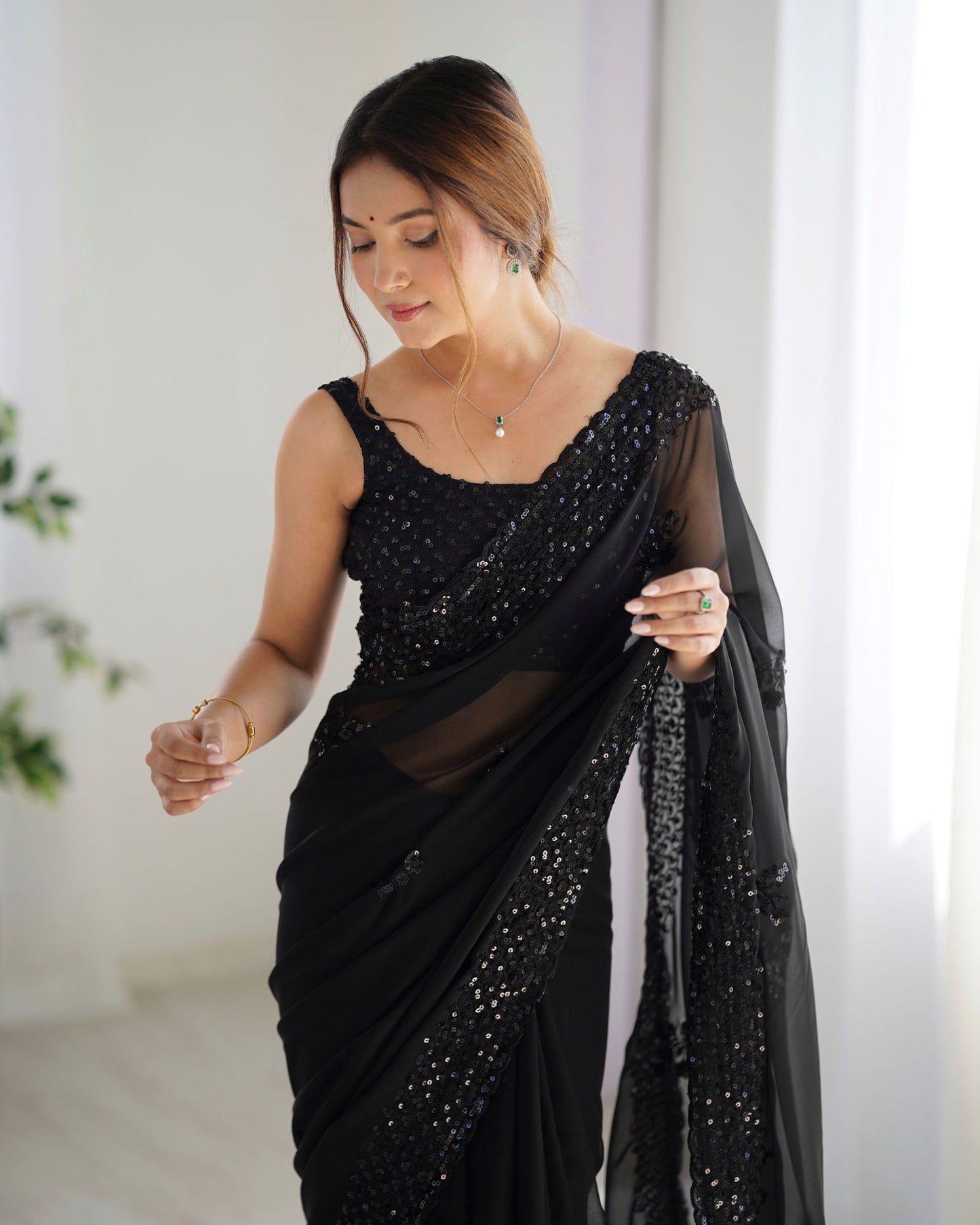 Elegant Georgette Party Wear Black Saree with Thread & Sequence Work