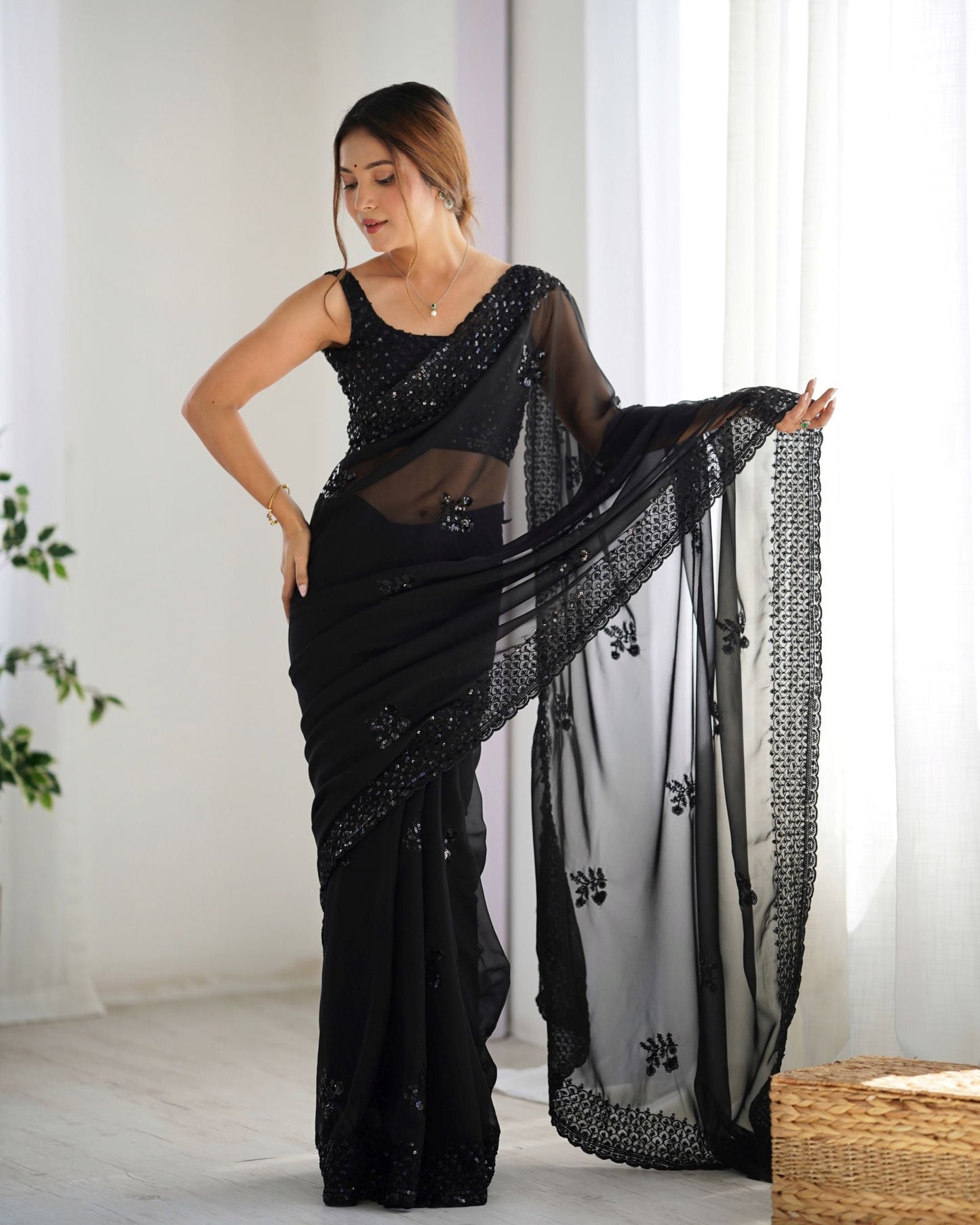 Elegant Georgette Party Wear Black Saree with Thread & Sequence Work
