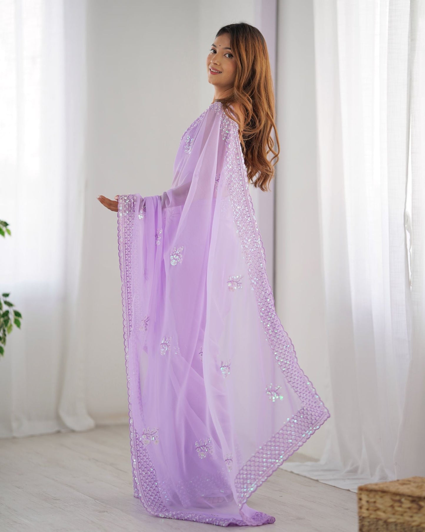 Charming Lavender Georgette Party Wear Saree with Thread & Sequence Work