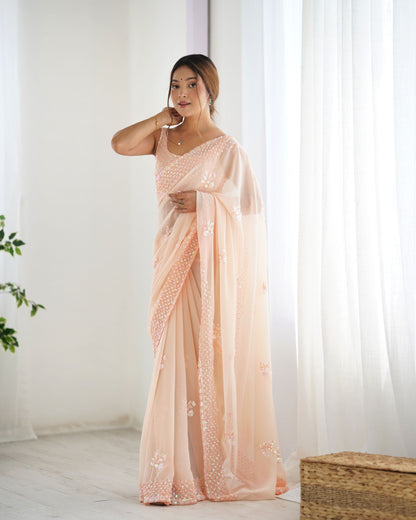 Beautiful Peach Georgette Party Wear Saree with Thread & Sequence Work