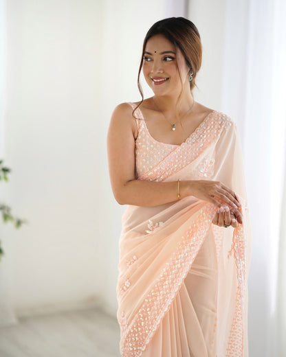 Beautiful Peach Georgette Party Wear Saree with Thread & Sequence Work
