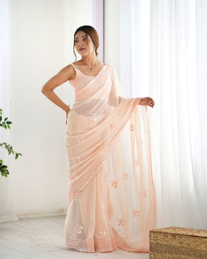 Beautiful Peach Georgette Party Wear Saree with Thread & Sequence Work