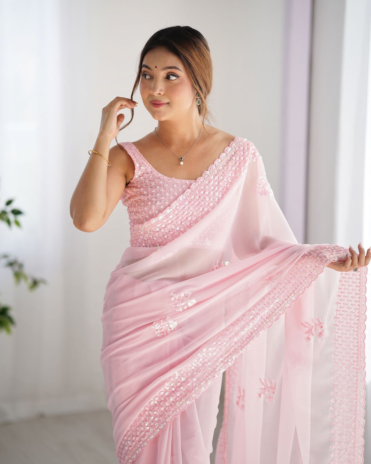 Graceful Pink Georgette Party Wear Saree with Thread & Sequence Work