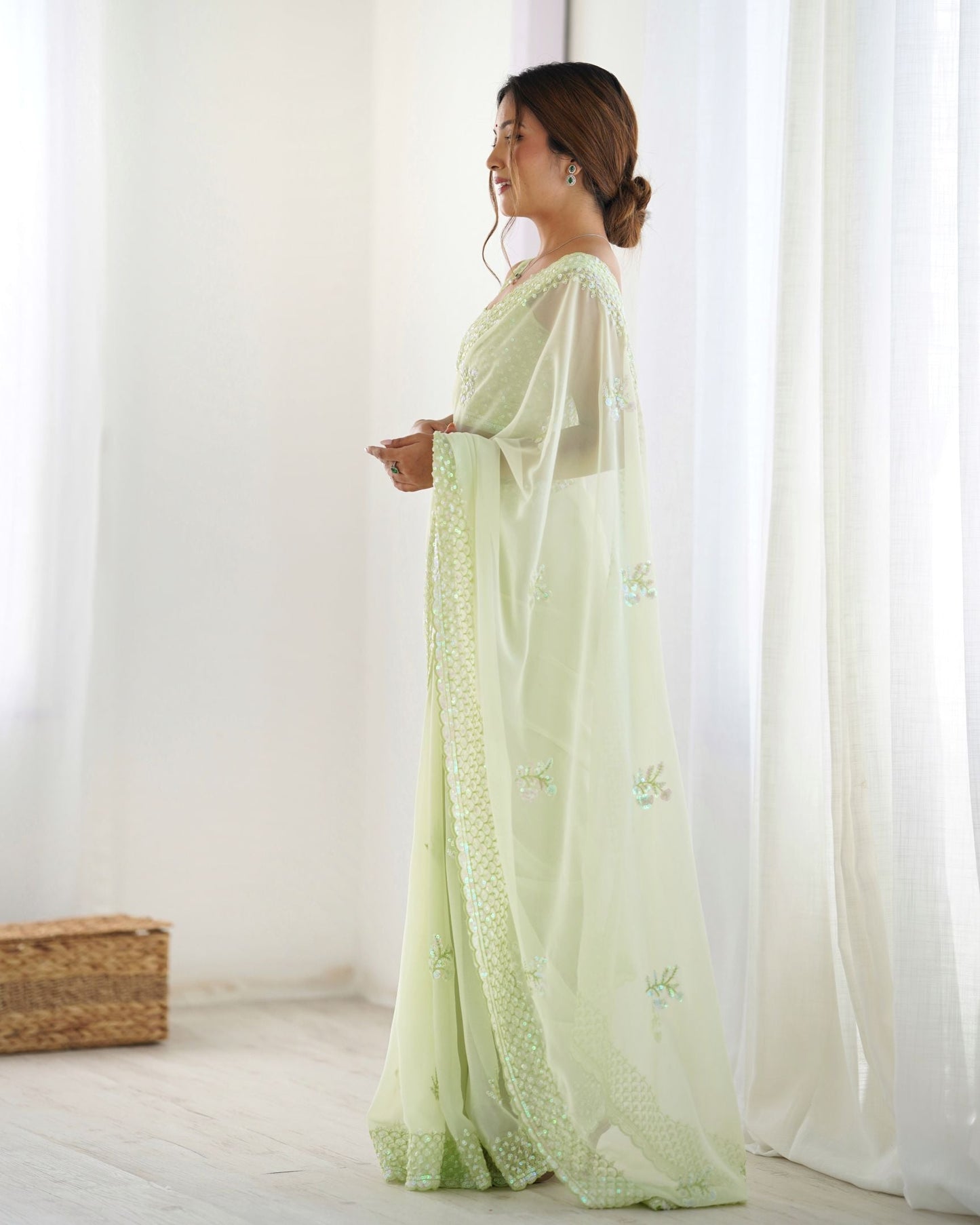 Refreshing Pista Georgette Party Wear Saree with Thread & Sequence Work