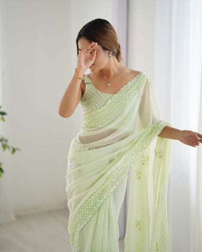 Refreshing Pista Georgette Party Wear Saree with Thread & Sequence Work