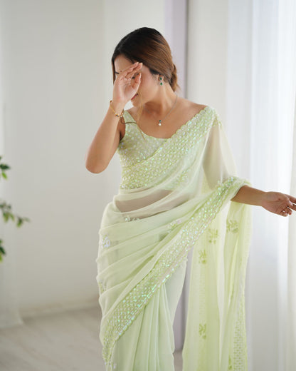 Refreshing Pista Georgette Party Wear Saree with Thread & Sequence Work