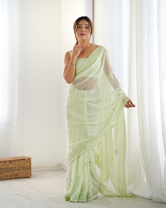 Refreshing Pista Georgette Party Wear Saree with Thread & Sequence Work