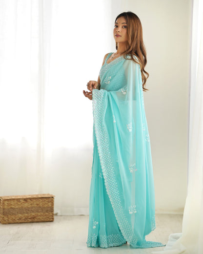 Serene Sky Blue Georgette Party Wear Saree with Thread & Sequence Work