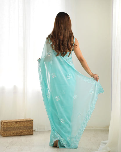 Serene Sky Blue Georgette Party Wear Saree with Thread & Sequence Work