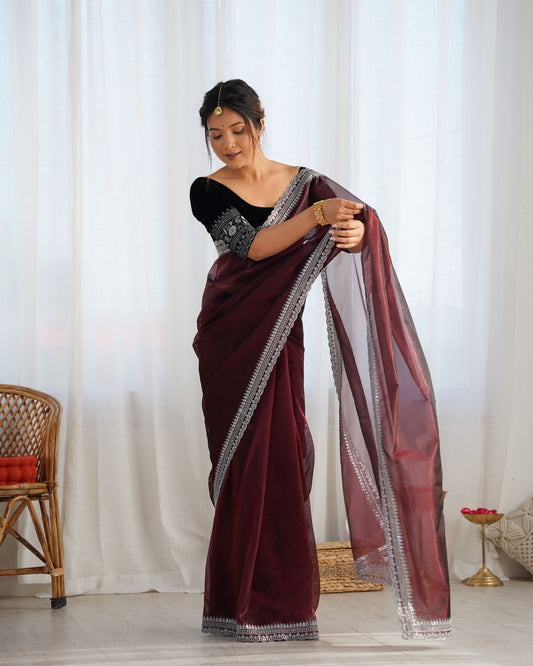 Coffee Twill Net Party Wear Saree: Gold Jari & Sequin Embroidered Velvet