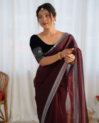 Coffee Twill Net Party Wear Saree: Gold Jari & Sequin Embroidered Velvet