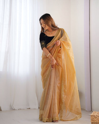 Gold Twill Net Party Wear Saree: Gold Jari & Sequin Embroidered Velvet Blouse