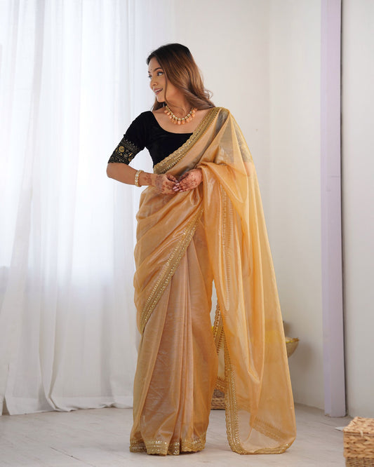 Gold Twill Net Party Wear Saree: Gold Jari & Sequin Embroidered Velvet Blouse