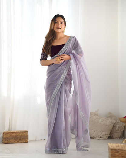 Lavender Twill Net Party Wear Saree: Gold Jari & Sequin Embroidered Velvet Blouse