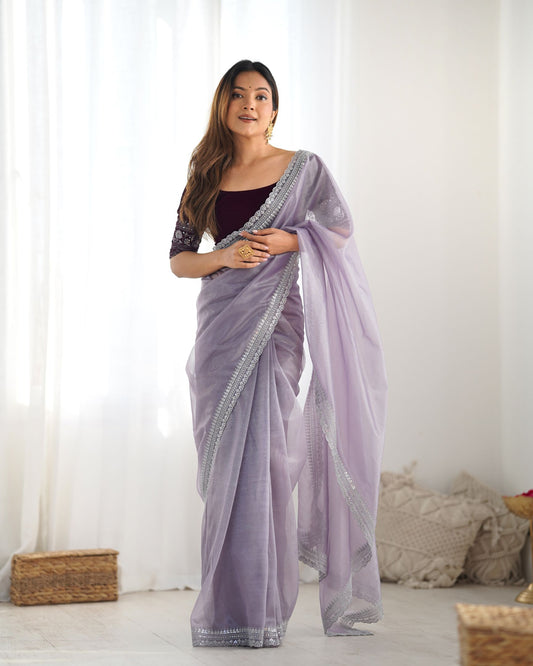 Lavender Twill Net Party Wear Saree: Gold Jari & Sequin Embroidered Velvet Blouse
