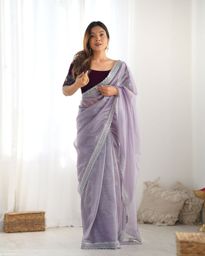 Lavender Twill Net Party Wear Saree: Gold Jari & Sequin Embroidered Velvet Blouse
