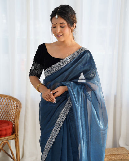 Teal Twill Net Party Wear Saree: Gold Jari & Sequin Embroidered Velvet Blouse