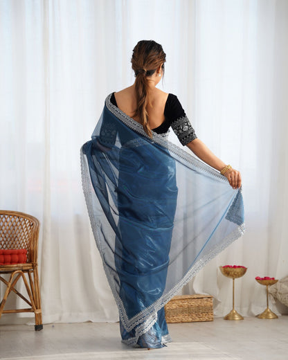 Teal Twill Net Party Wear Saree: Gold Jari & Sequin Embroidered Velvet Blouse