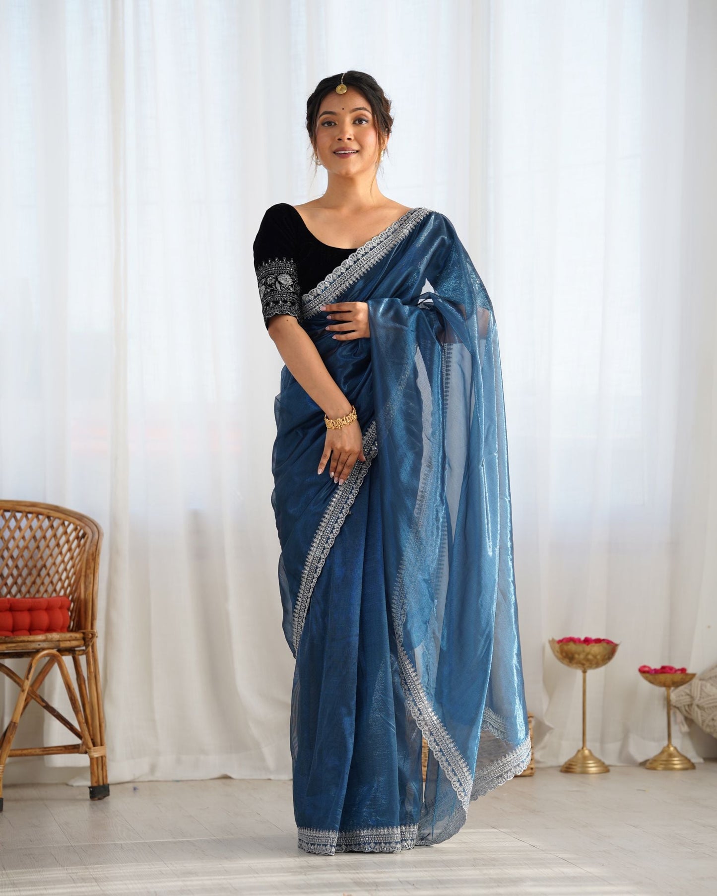 Teal Twill Net Party Wear Saree: Gold Jari & Sequin Embroidered Velvet Blouse