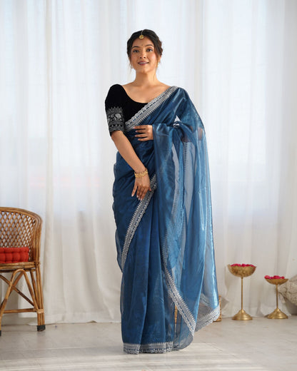 Teal Twill Net Party Wear Saree: Gold Jari & Sequin Embroidered Velvet Blouse