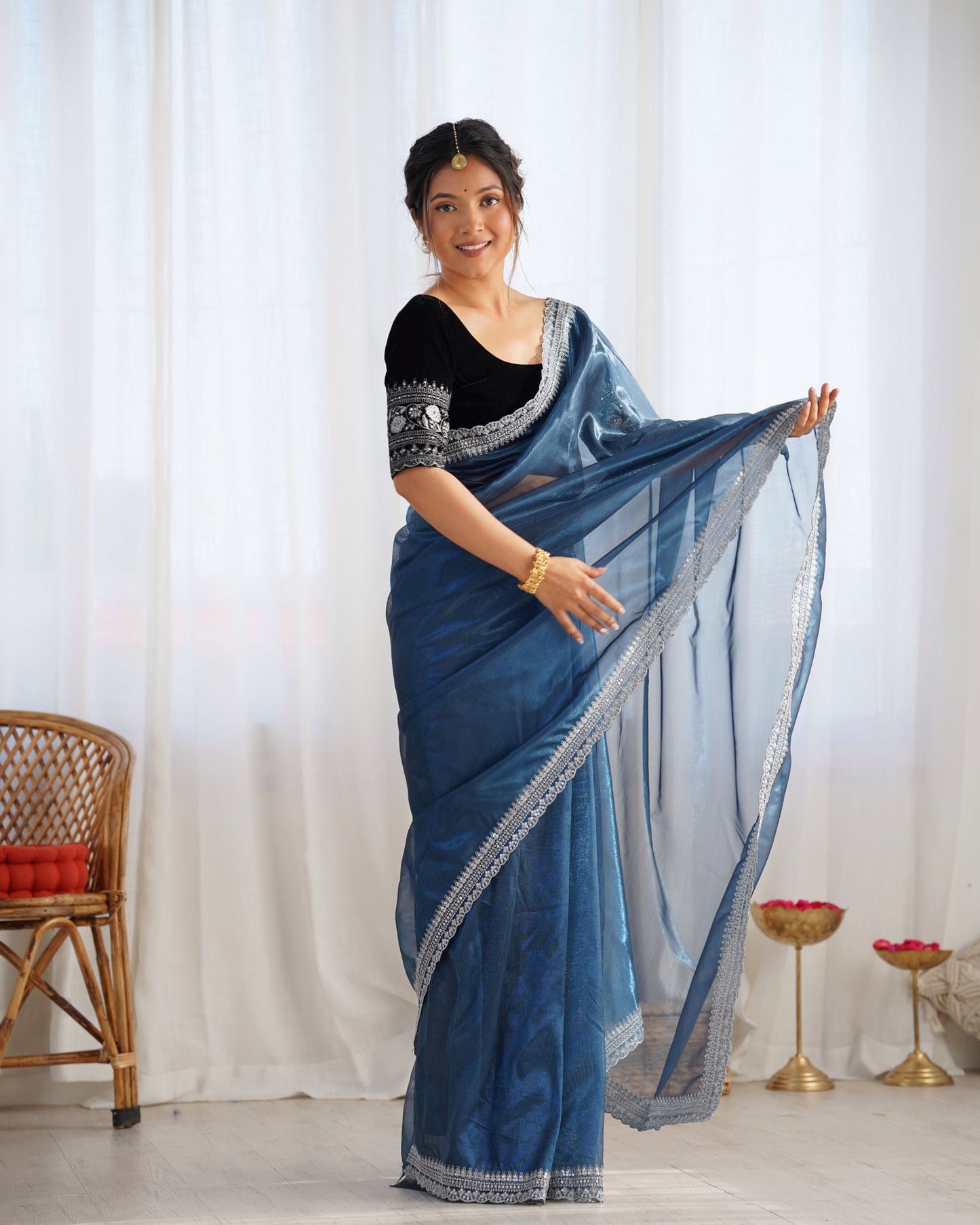 Teal Twill Net Party Wear Saree: Gold Jari & Sequin Embroidered Velvet Blouse