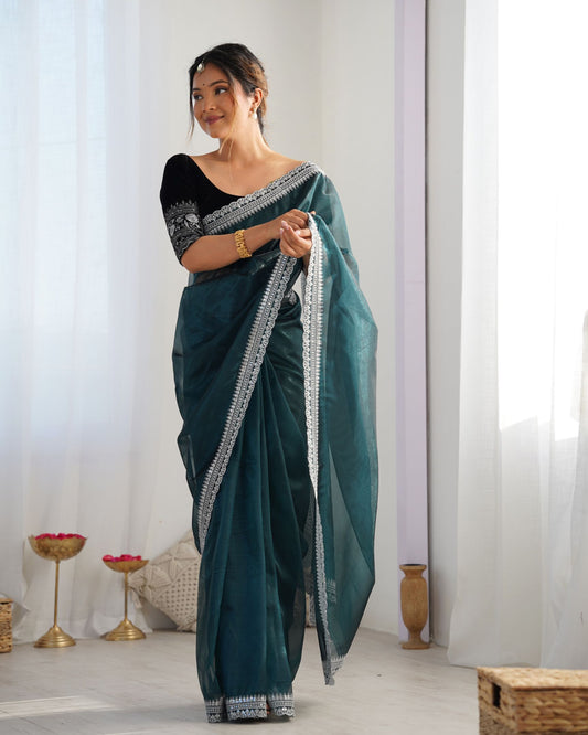 Rama Twill Net Party Wear Saree: Gold Jari & Sequin Embroidered Velvet Blouse