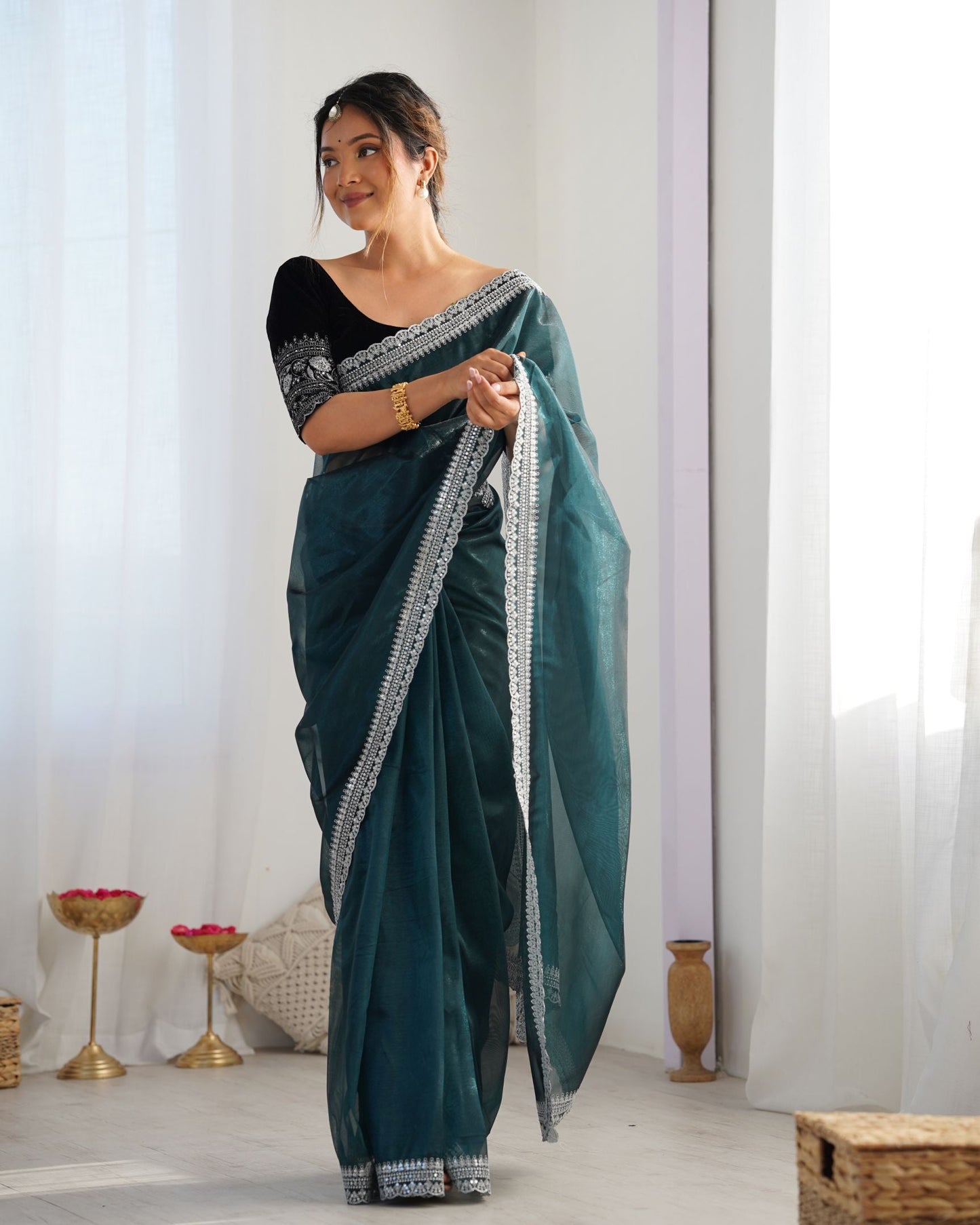 Rama Twill Net Party Wear Saree: Gold Jari & Sequin Embroidered Velvet Blouse