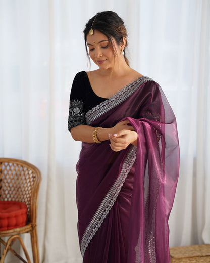 Wine Twill Net Party Wear Saree: Gold Jari & Sequin Embroidered Velvet Blouse