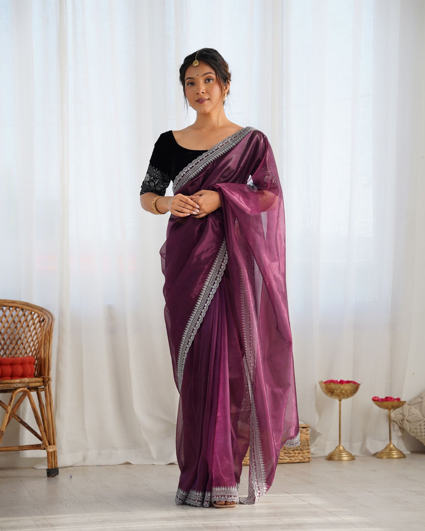 Wine Twill Net Party Wear Saree: Gold Jari & Sequin Embroidered Velvet Blouse