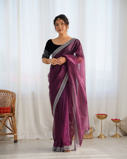Wine Twill Net Party Wear Saree: Gold Jari & Sequin Embroidered Velvet Blouse