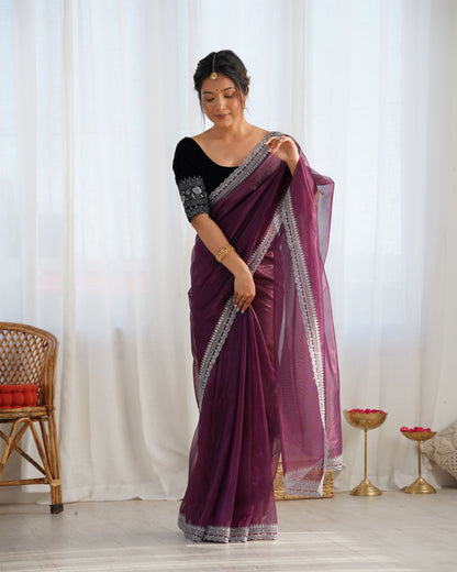 Wine Twill Net Party Wear Saree: Gold Jari & Sequin Embroidered Velvet Blouse