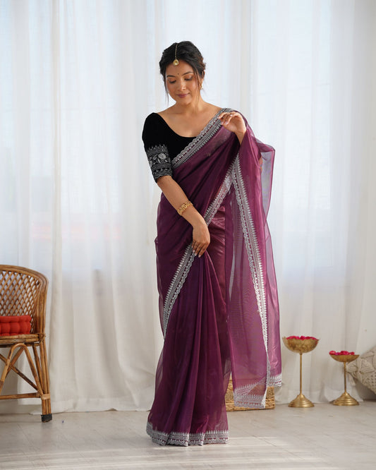 Wine Twill Net Party Wear Saree: Gold Jari & Sequin Embroidered Velvet Blouse
