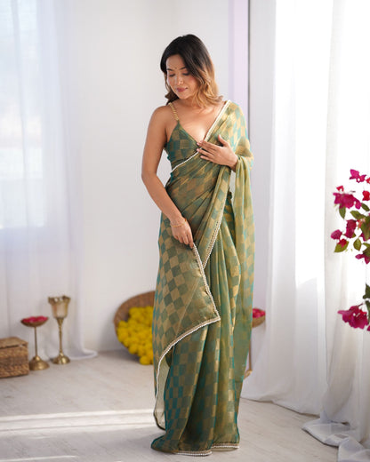 Green NC Chiffon Chex Saree: Wevon Chex Design with Moti Lace Border