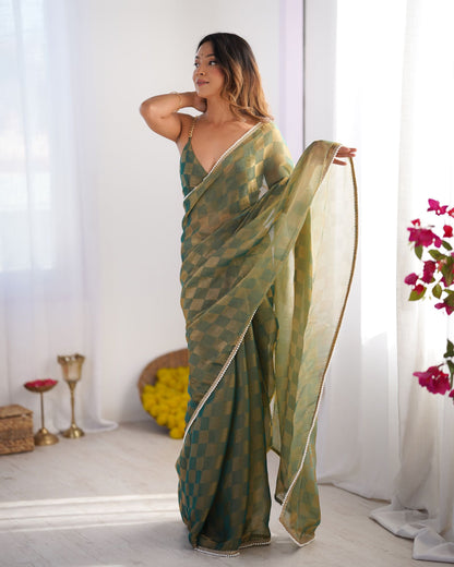 Green NC Chiffon Chex Saree: Wevon Chex Design with Moti Lace Border