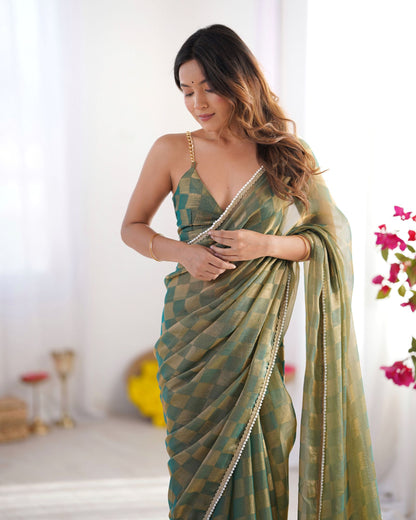 Green NC Chiffon Chex Saree: Wevon Chex Design with Moti Lace Border