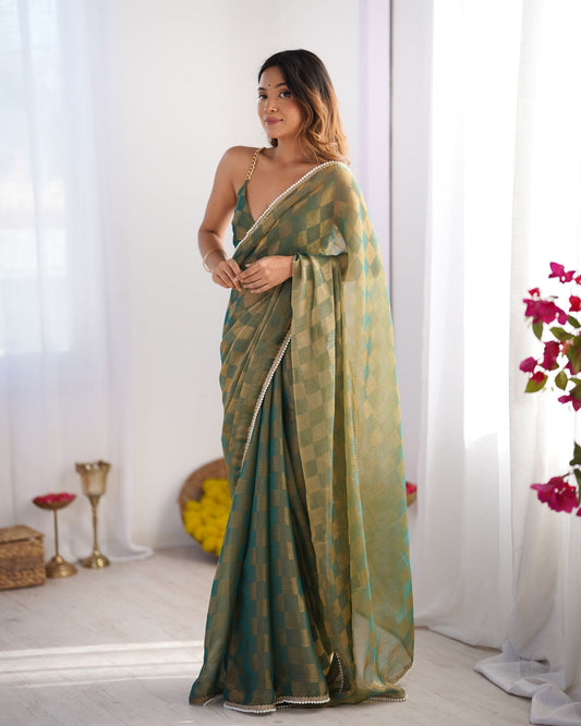 Green NC Chiffon Chex Saree: Wevon Chex Design with Moti Lace Border